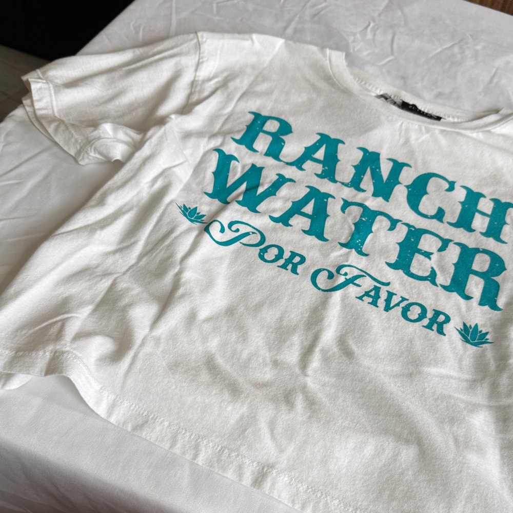 White Crop Top with Teal "Ranch Water Por Favor" Graphic - Picture 7 of 8